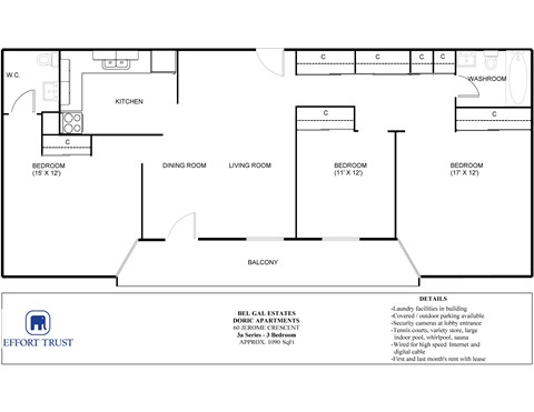 A floor plan of an apartment with a kitchen, dining room, living room and three bedrooms.